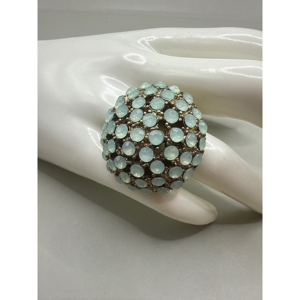 Ann Taylor Aqua Blue Stone Dome Stretch Cocktail Ring Y2K Gold Tone Size 6-8